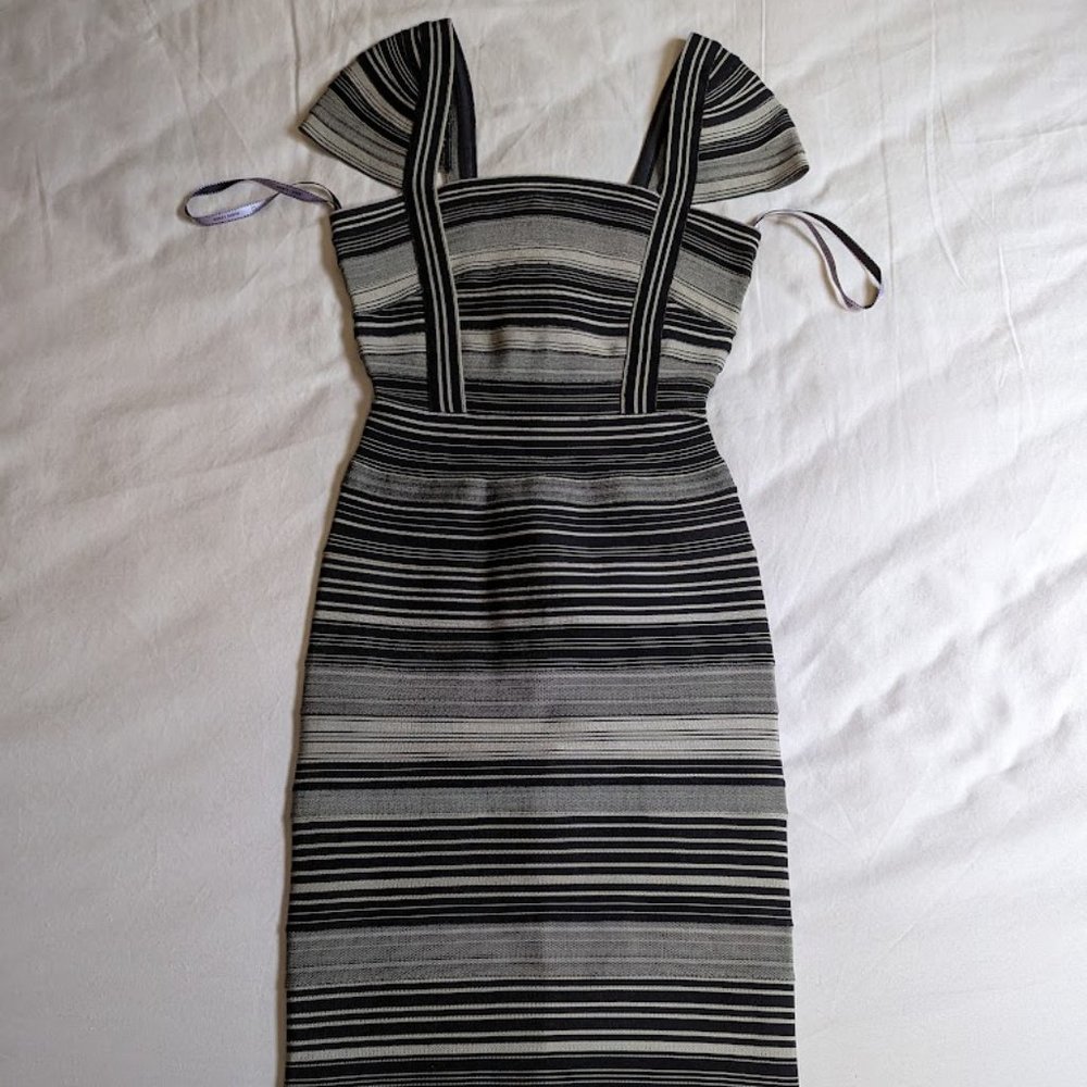 Herve Leger "Sandra" Cap Sleeve Black/Grey/Olive Green Striped Bandage Dress XXS